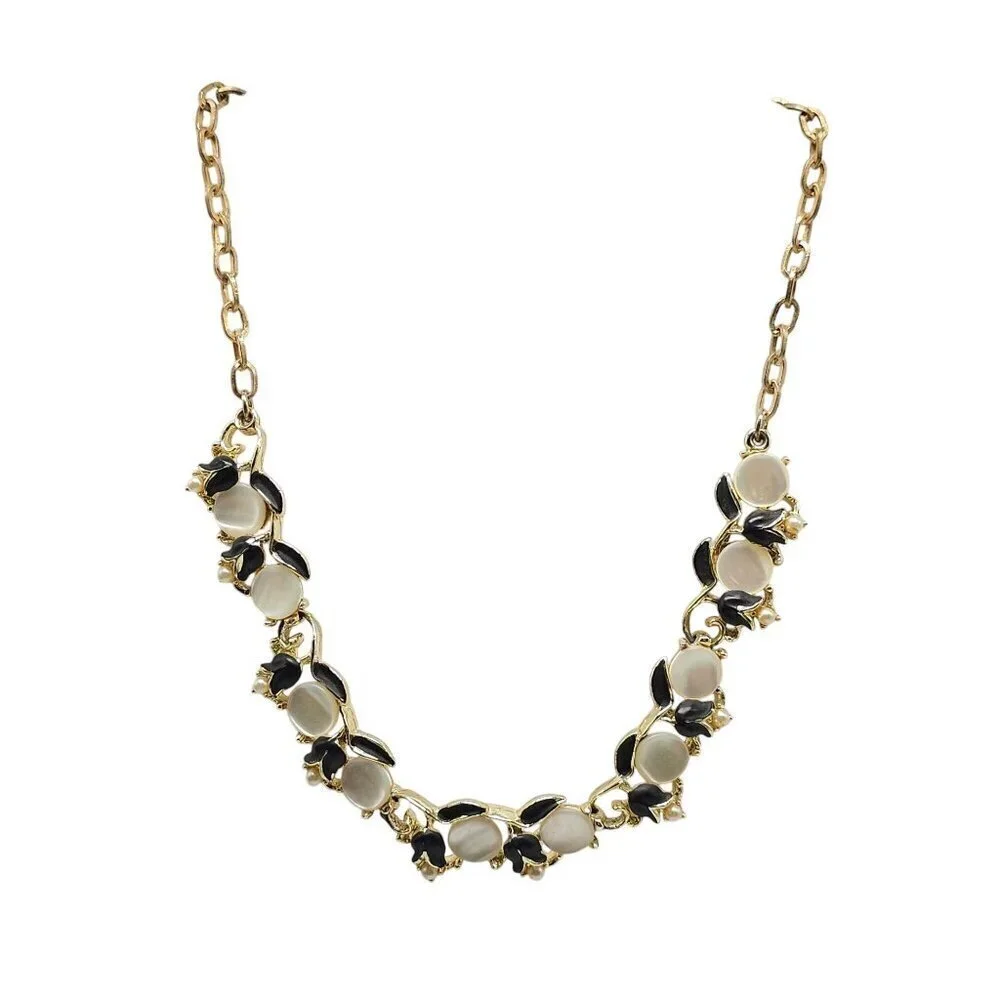 Vintage Gold Tone Necklace With Black Enamel White MOP Floral Design